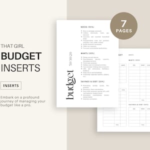 Op de afbeelding: Witte budgetinserts met de tekst "THAT GIRL BUDGET INSERTS" en "INSERTS". De inserts bevatten secties voor behoeften, wensen en besparingen, met een 50:30:20 budgetverdeling. De afbeelding toont ook een pagina-aantal van 7 pagina's.