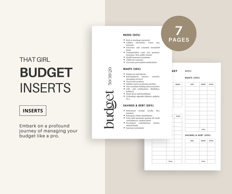 Puede incluir: Insertos de presupuesto blancos con el texto "THAT GIRL BUDGET INSERTS" e "INSERTS". Los insertos incluyen secciones para necesidades, deseos y ahorros, con un desglose presupuestario 50:30:20. La imagen tambi&eacute;n muestra un recuento de 7 p&aacute;ginas.