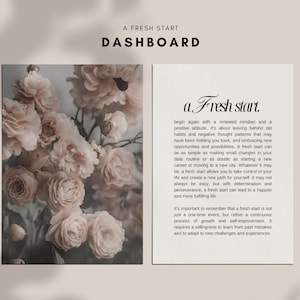 Peut inclure: Une citation motivante sur les nouveaux départs et un état d'esprit renouvelé. La citation est écrite en cursive et est placée sur un fond de bouquet de roses roses pâles.