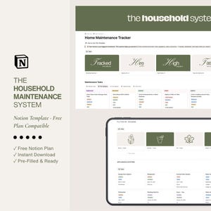May include: A digital Notion template for home maintenance, featuring a clean, minimalist design. The image displays a home maintenance tracker with sections for tracking, hiring, and high-priority tasks. The template includes a free Notion plan, instant download, and is pre-filled and ready.