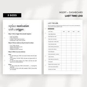 Könnte beinhalten: Ein Planer-Einsatz mit dem Text "Motivation durch einen Auslöser ersetzen" und "Last Time Log". Die Seiten sind weiß mit schwarzem Text und Aufzählungszeichen. Der Planer enthält Abschnitte für Zeitmanagement und Aufgabenverfolgung.