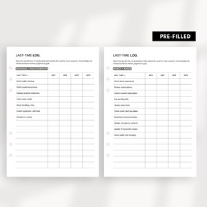 Pode incluir: Um planejador de registro de &uacute;ltima vez pr&eacute;-preenchido com duas p&aacute;ginas. A p&aacute;gina esquerda se concentra em relacionamentos pessoais, enquanto a p&aacute;gina direita &eacute; para tarefas de dinheiro e administra&ccedil;&atilde;o. Cada p&aacute;gina tem uma lista de tarefas com espa&ccedil;o para registrar datas.