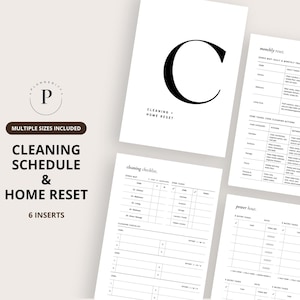 May include: A set of white paper inserts with black text for a cleaning schedule and home reset. The inserts include checklists, zone maps, and a power hour schedule. The cover features a large black "C" and the words "CLEANING + HOME RESET".