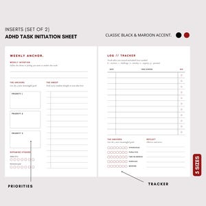 Puede incluir: Insertos de hojas de inicio de tareas TDAH con un acento negro clásico y granate. La hoja incluye secciones para anclajes semanales, prioridades y un registro/seguimiento. El texto incluye "Weekly Anchor", "Priorities" y "Tracker".