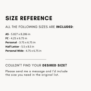 Pode incluir: Gr&aacute;fico creme com o texto "SIZE REFERENCE" e uma lista de tamanhos de papel em polegadas: A5, FC, Personal, Half Letter e Personal Wide. O texto "COULDN'T FIND YOUR DESIRED SIZE?" tamb&eacute;m est&aacute; inclu&iacute;do.