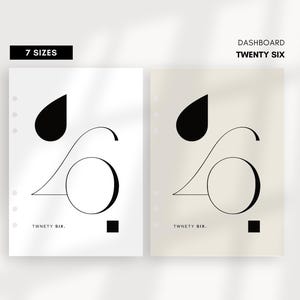 May include: Two minimalist dashboard designs with the text "TWENTY SIX." One is white with black accents, the other is beige. The top left corner of each design has a black teardrop shape. The top right corner of the design has the text "DASHBOARD TWENTY SIX."