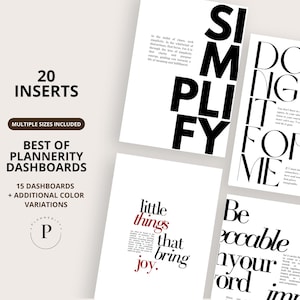 May include: A selection of white planner inserts with black and red text. The inserts display motivational quotes such as "Simplify" and "Doing it for me." The text "20 Inserts" and "Best of Plannerity Dashboards" are also visible.