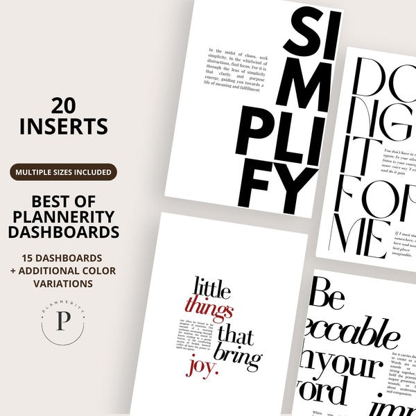 Minimalist Planner Dashboard Bundle – Printable Inserts (A5, Half Letter, FC, Personal Size) (Digital Download)