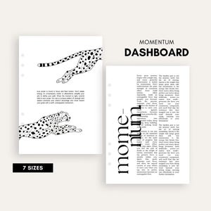 May include: White planner inserts with black text and cheetah illustrations. The text reads "MOMENTUM DASHBOARD" and "7 SIZES". One insert features a cheetah illustration and text. The other insert has text.
