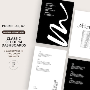 May include: A set of 14 planner dashboards in two color variants, including pocket, A6, and A7 sizes. The text includes "POCKET, A6, A7", "CLASSIC SET OF 14 DASHBOARDS", "7 DASHBOARDS IN TWO COLOR VARIANTS", "MOTIVATED", "MEASURED", "MINDFUL", "Intentions", and "MORNING MINDSET".