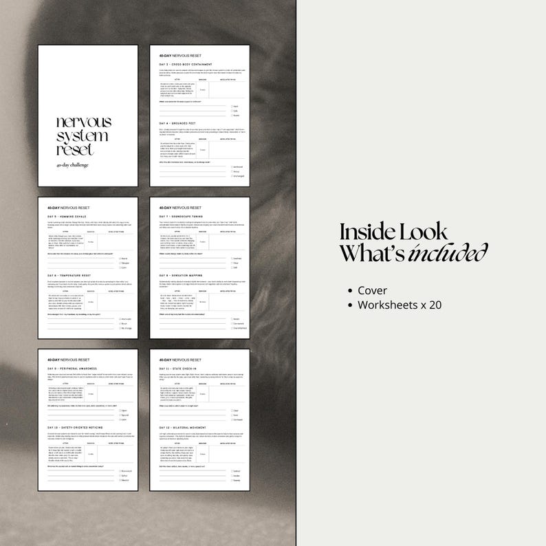 May include: A collection of white worksheets and a cover with the text "nervous system reset 40-day challenge." The image also includes the text "Inside Look What's included" and lists "Cover" and "Worksheets x 20."