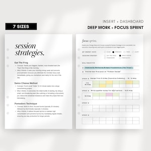 May include: A planner insert with the text "session strategies" and "Deep Work + Focus Sprint." The insert includes sections for goal setting, sprint planning, and time blocking. The text includes "Eat The Frog" and "Pomodoro Technique."