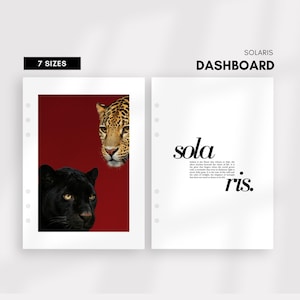 May include: A two-page layout with a red background featuring a black panther and a leopard. The text "7 Sizes" is in a black rectangle. The right page has the text "SOLARIS DASHBOARD" and the word "sola ris."