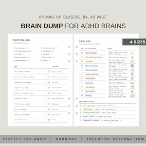 Może przedstawiać: Strona planera do druku zatytułowana BRAIN DUMP FOR ADHD BRAINS z sekcjami oznaczonymi jako FRICTION LOG i UNBLOCK. Układ zawiera listy blokad z kolorowymi wyróżnieniami, tabele zadań oraz notatki z małymi ikonami dla formatów HP MINI, HP CLASSIC, B6, A5 WIDE.