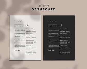Può includere: Due stampe rettangolari di dashboard di routine, una con testo nero su sfondo bianco e una con testo bianco su sfondo nero. Entrambe presentano il titolo THE ROUTINE DASHBOARD e sezioni dedicate al corpo e alla mente.
