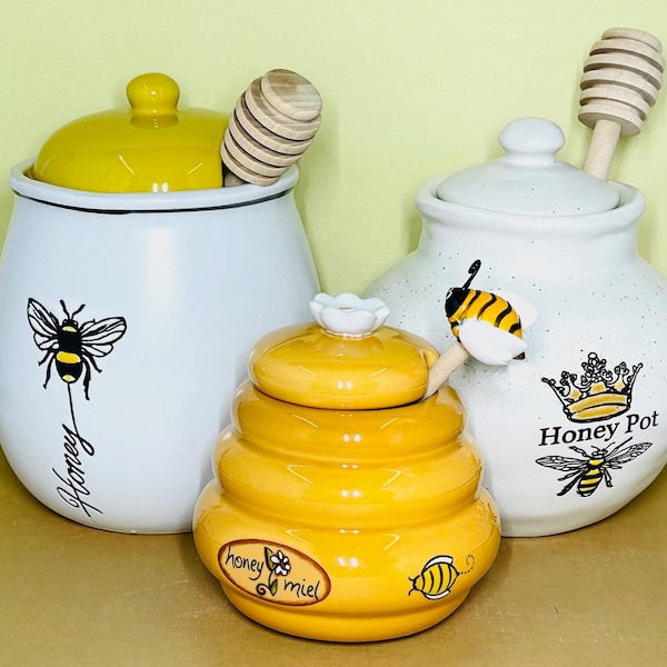 Ceramic Honey Pots with Honey Dipper