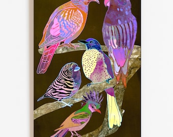 Purple And Pink Birds: Colorful Modern Bird Wall Art – Vibrant Tropical Bird Illustration Print – Unique Nature-Inspired Home Decor
