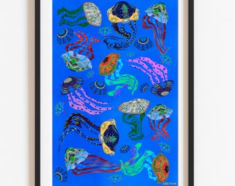 Swimming Jellies - Colorful Jellyfish Wall Art, Ocean-Inspired Abstract Marine Painting, Underwater Sea Life Decor