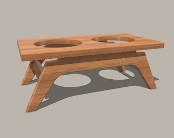 May include: A wooden pet food stand with two bowls. The stand has a simple, modern design with a light brown finish.