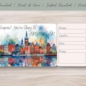 Billete de vacaciones personalizado AMSTERDAM, ¡te vas a Ámsterdam! Regalo sorpresa, cupón para imprimir en casa, cupón digital editable