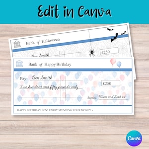 以下が含まれることがあります： ハロウィーンと誕生日の2つのノベルティチェック。ハロウィーンのチェックにはクモの巣とコウモリがあります。誕生日のチェックには風船とテキスト「HAPPY BIRTHDAY BEN！ENJOY SPENDING YOUR MONEY x」があります。