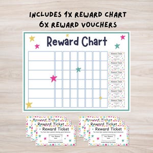 May include: A reward chart and six reward vouchers are shown on a light wood grain surface. The chart is white with a teal border, blue grid lines, and colourful star accents. The vouchers have a star pattern.