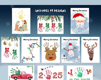 May include: A collection of printable Christmas handprint art designs. The designs include handprint art of Santa Claus, reindeer, a snowman, and a red truck. The text includes "Merry Christmas", "Christmas 2025", and "Joy to the World".
