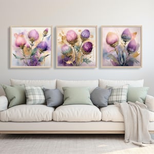 Thistle Watercolor set of 3, Printable wildflower, Purple Watercolor Art, Floral Art, Calming Art, Scottish Thistle, Scotland Art
