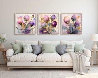 Thistle Watercolor Art Prints: Calming Floral Set of 3 (Digital Download)