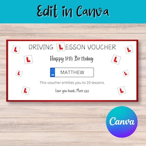 Cupón para clases de conducción, para conductores noveles, cupón de cumpleaños, cupón de cumpleaños personalizado, descarga digital, edición en Canva, regalo de 17.º cumpleaños