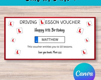 Cupón para clases de conducción, para conductores noveles, cupón de cumpleaños, cupón de cumpleaños personalizado, descarga digital, edición en Canva, regalo de 17.º cumpleaños