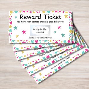 May include: A stack of reward tickets with a star-patterned border in pink, yellow, and teal. The tickets read "Reward Ticket" and "A trip to the cinema." The text "Scratch to Reveal Your Surprise" is also visible.