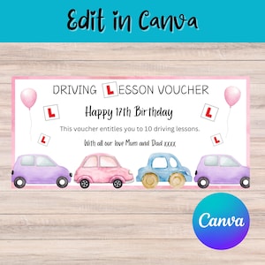 Driving Lesson Voucher, New Driver, Birthday Voucher, Personalised Birthday Voucher, Digital Download, Canva Edit, 17th Birthday Gift