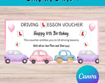 Driving Lesson Voucher, New Driver, Birthday Voucher, Personalised Birthday Voucher, Digital Download, Canva Edit, 17th Birthday Gift