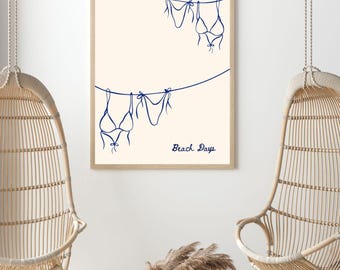Blue Bikini Art Print, Bathing Suit Poster, Beachy Prints, Coconut Girl, Coastal Cowgirl Wall Art, College Apartment Decor, Digital Download
