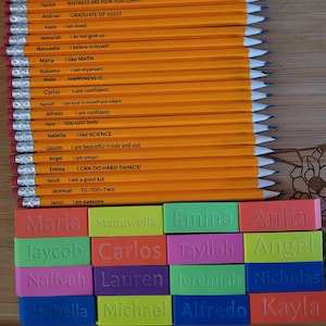 May include: A set of 20 yellow pencils with names and motivational messages printed on them. The pencils are arranged vertically on a wooden surface. Below the pencils are 10 colorful rectangular blocks with names printed on them.