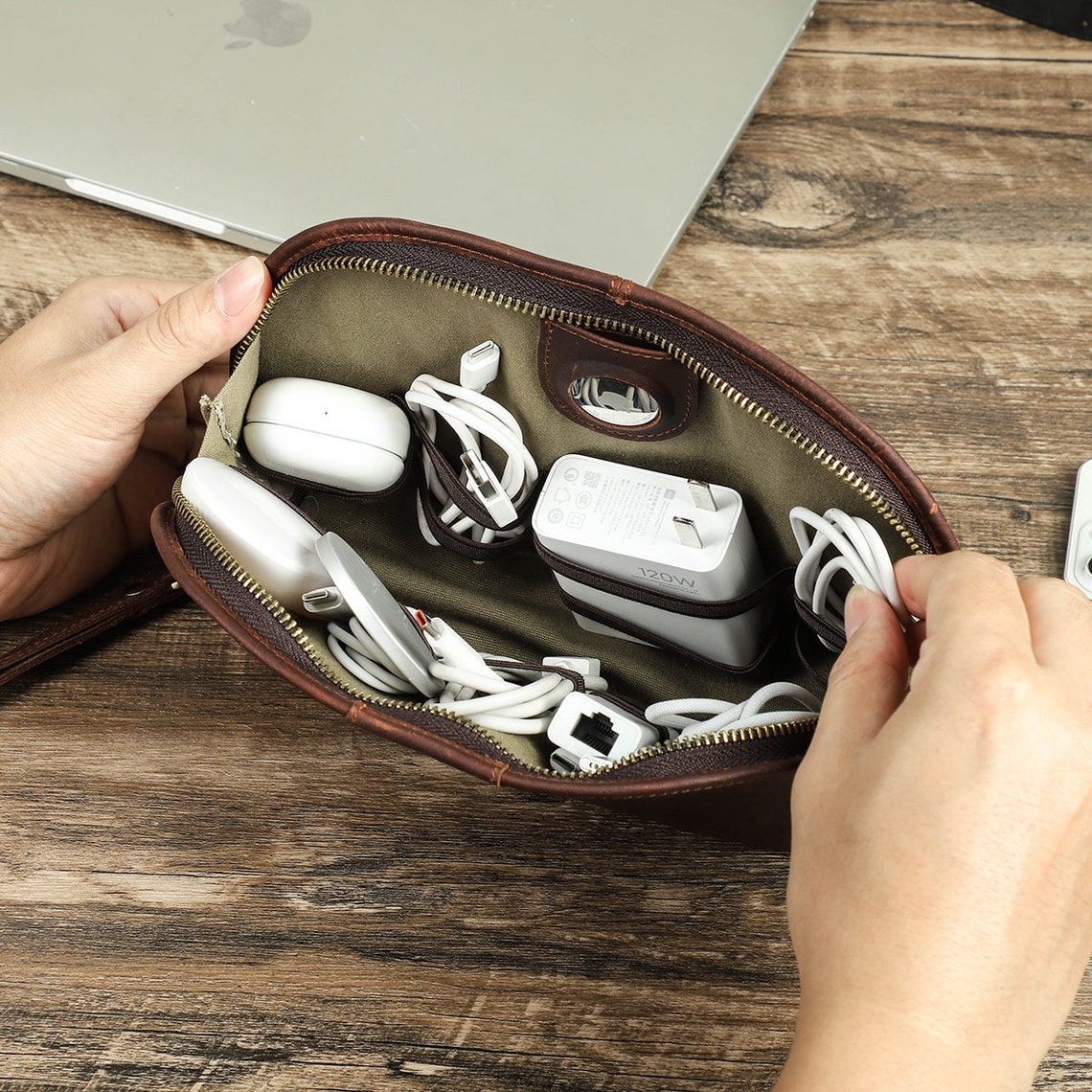 Travel Tech Electronics Storage Bag Leather Cable Organizer Etsy