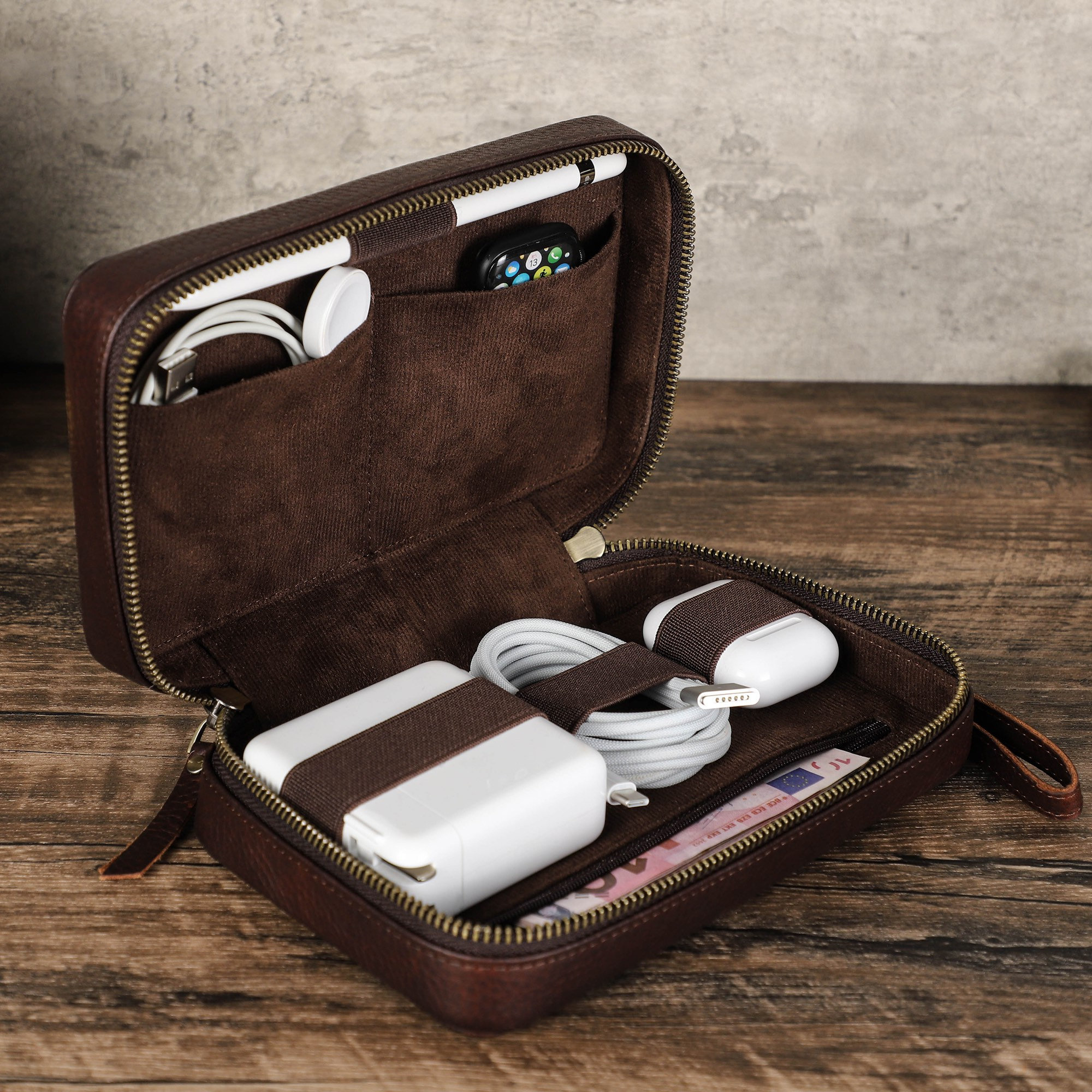 Polare Full Grain Leather Travel Cable Organizer Case Electronics Acce