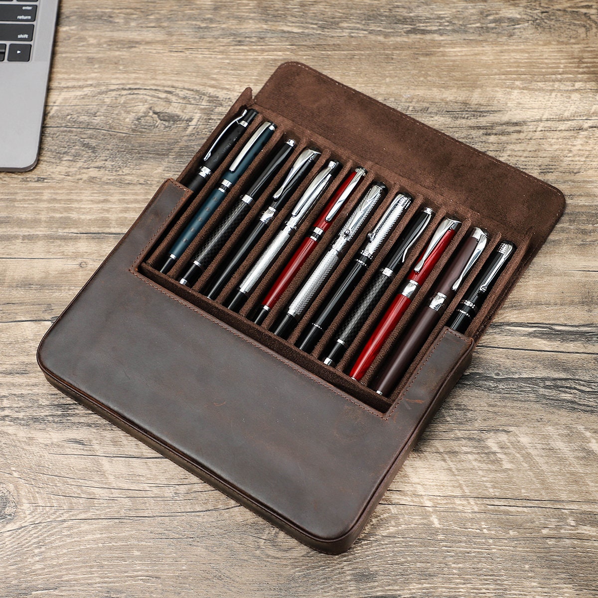 High Quality 12 Pens Pen Storage Box Faux Leather Brown Pens Zipper Case  Pen Container Bag Roller Pen Holder Fountain Pen Case - AliExpress