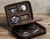 Watch Display Travel Box, Leather Watch Storage Case Zipper, Watch 4 Slots Holder With Card Holder, Watch Case Travel Protective Carry Bag