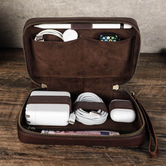 Travel Electronics Accessories Bag Leather Cable Organizer 