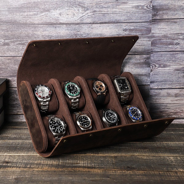 Boîtier de montre en cuir véritable, 8 supports de montre, vitrine de montre, rangement de collection de boîtes de montres de boîtier de voyage, cadeau personnalisé pour hommes