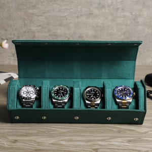 Hexagonal Watch Case, Luxury Travel Watch Box, Green Watch Roll Case, 4 Watches Holder Storage, Personalized Gift for Men Women, Groom Gift