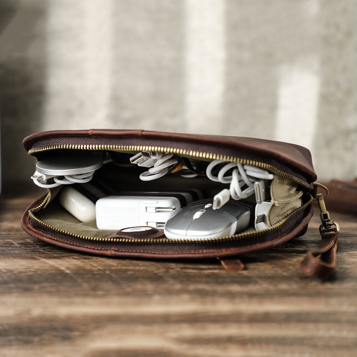 Travel Tech Electronics Storage Bag Leather Cable Organizer Etsy
