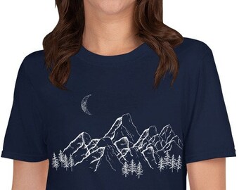 Camiseta gráfica de montaña: naturaleza retro, camiseta de acampada invernal
