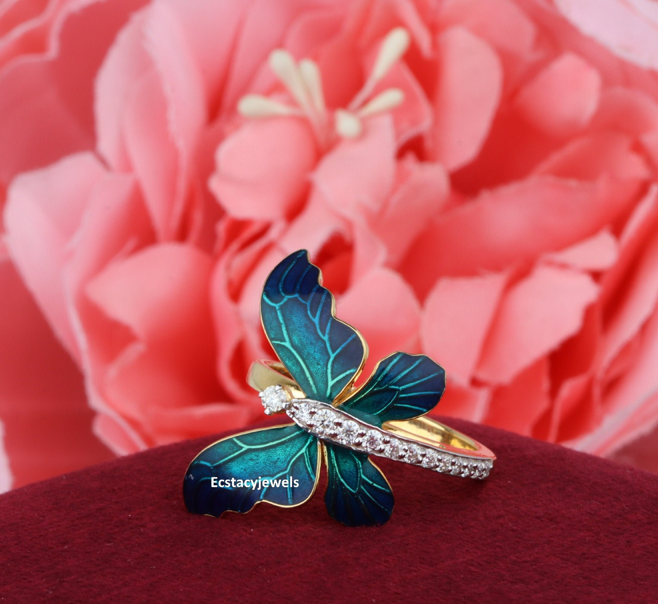 Blue Butterfly Ring / Diamond Ring in 14K Gold / Handcrafted Etsy