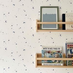 Carta da parati di lusso per bambini Moons & Stars ~ Carta da parati blu navy / spaziale / Carta da parati per bambini / Carta da parati per bambini / Decorazione per sala giochi