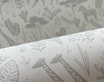 Safari Children&#39;s Nursery Wallpaper Grey | Jungle Wallpaper | Safari Nursery | Jungle Wall Decor | Kids Wallpaper | Safari Animals