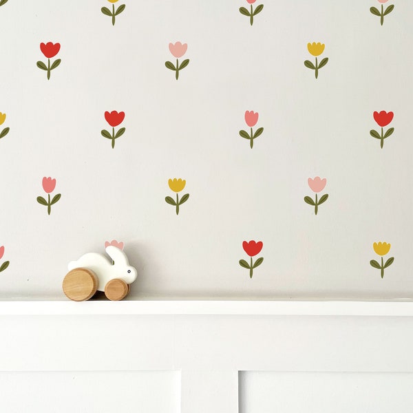 Tulpe Blumen Wandsticker | Wandtattoos für Kinder | Kinderzimmer Dekor | Blumen Wandsticker | Wanddeko für Kinder | Abnehmbare Wandaufkleber aus Stoff
