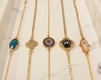 24k gold plated handmade bracelet-cubic zirconia/evil eye/clover/hamza hand/gemstone/dainty/minimalist/length customizable/mothers day gift